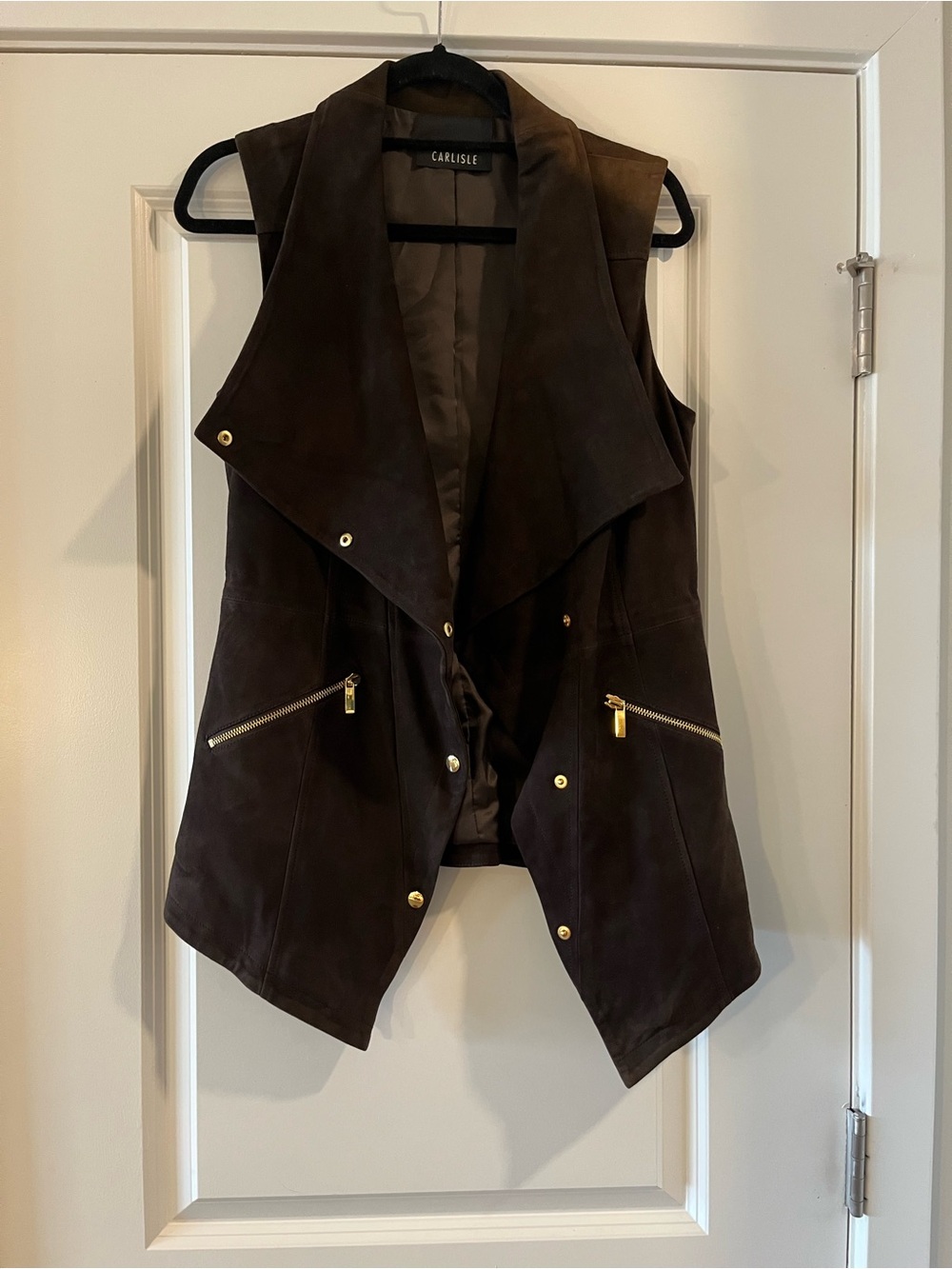 Carlisle Brown Suede Leather Draped Vest with Gold Hardware